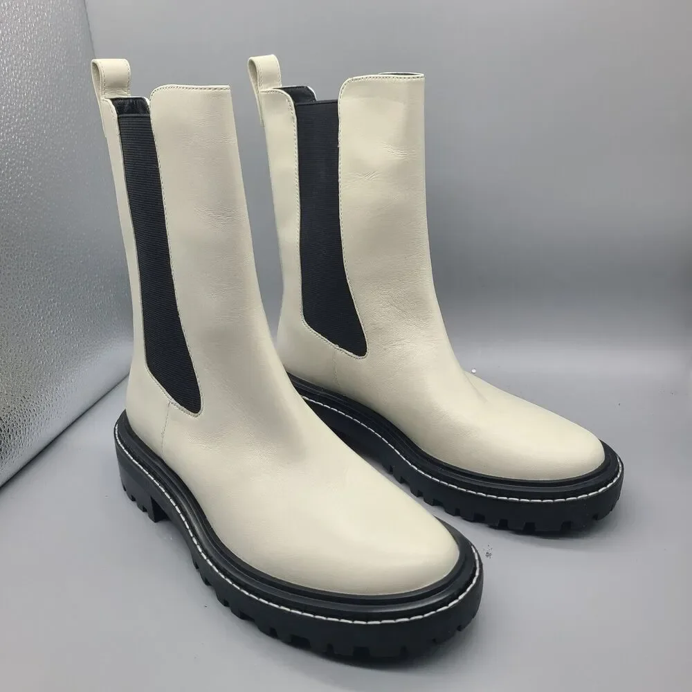 TORY BURCH Womens Benton Boots Pull On Chelsea Ivory Leather Midcalf sz 8.5 New